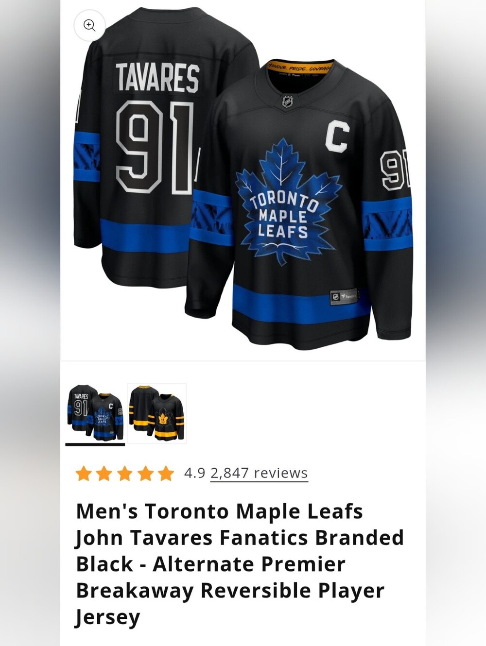 Officially Licensed TML John Tavares Fanatics Branded Reversible Jersey